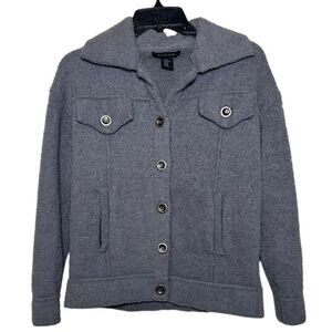 Tahari Gray Fuzzy Teddy Button‎ Up Sweater Jacket Women's Size XS